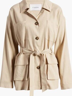 Frame Denim Cream Utility Jacket with Self-Tie Belt